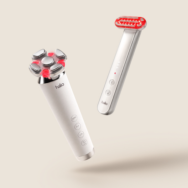 Halio Most Wanted Duo featuring a red light therapy wand and RevitaWave RF and EMS facial toning device.