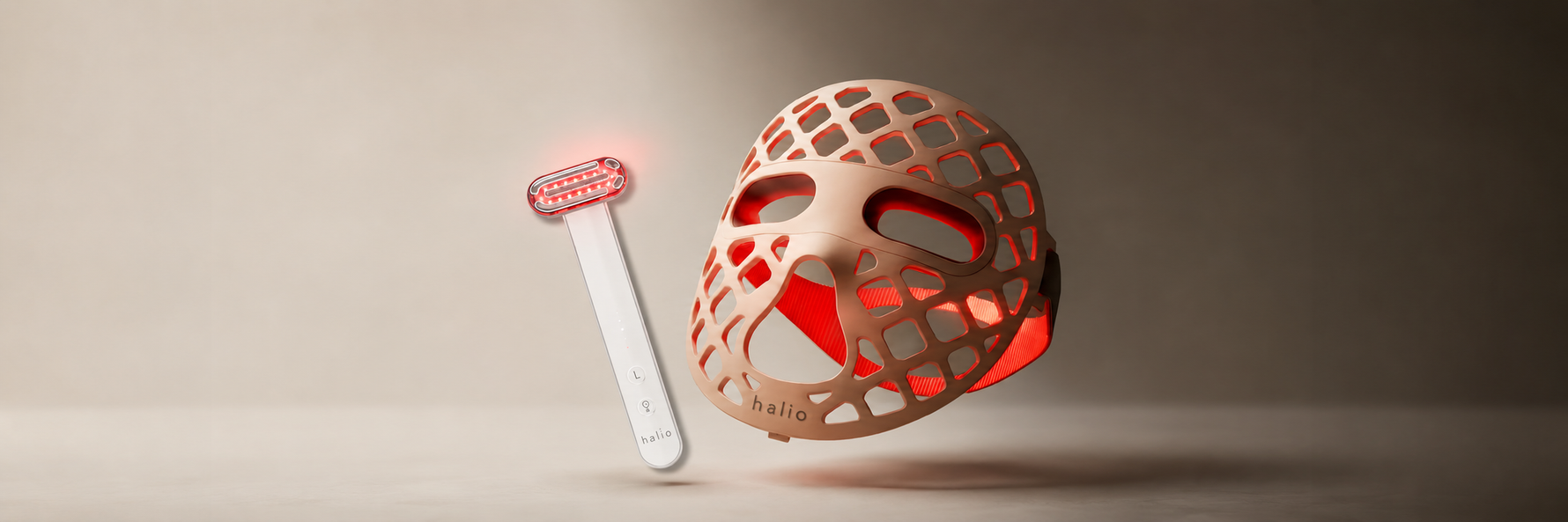 Side-by-side comparison of a silicone LED face mask and a handheld red light therapy wand on a neutral surface