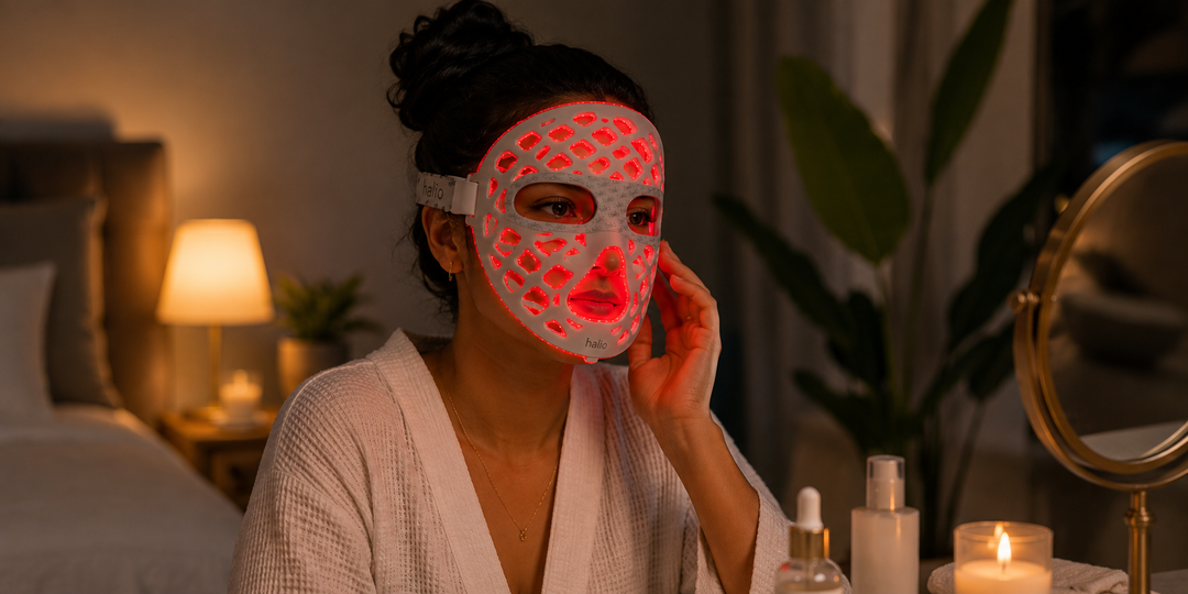 Woman wearing a lightweight LED face mask during her evening skincare routine, illustrating consistent daily use