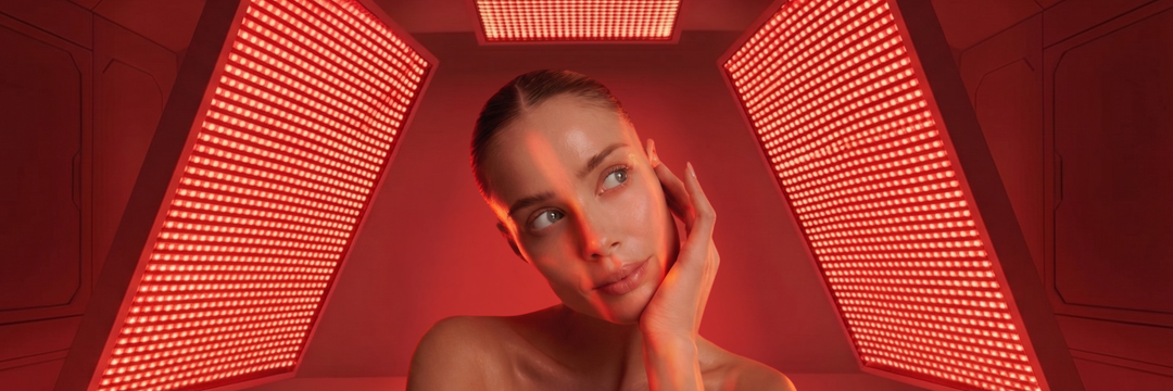Portable red light therapy panel on a built-in stand next to a wall-mounted full-body panel, showing the size and format difference