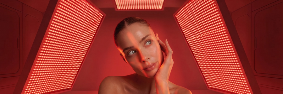Portable red light therapy panel on a built-in stand next to a wall-mounted full-body panel, showing the size and format difference