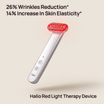 Halio Red Light Therapy Device, a white handheld tool with a glowing red LED head; 26% Wrinkles Reduction*, 14% Increase In Skin Elasticity*