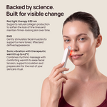 Woman using a red light therapy device; banner reads “Backed by science. Built for visible change.”