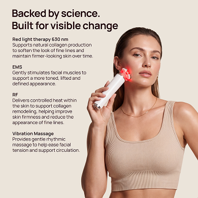 Woman using a Halio Sonic facial device; text reads “Backed by science. Built for visible change.”