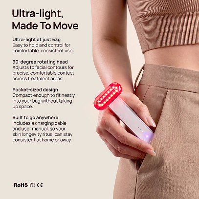 Halio Red Light Therapy Device held against beige clothing; text reads “Ultra-light Made To Move.”