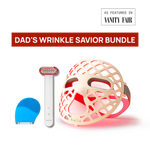 Product bundle labeled 'Dad's Wrinkle Savior Bundle' featuring a razor, blue device, and red light device on a white background.