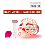 Product bundle labeled 'Dad's Wrinkle Savior Bundle' featuring a razor, mask, and pink item on a white background.