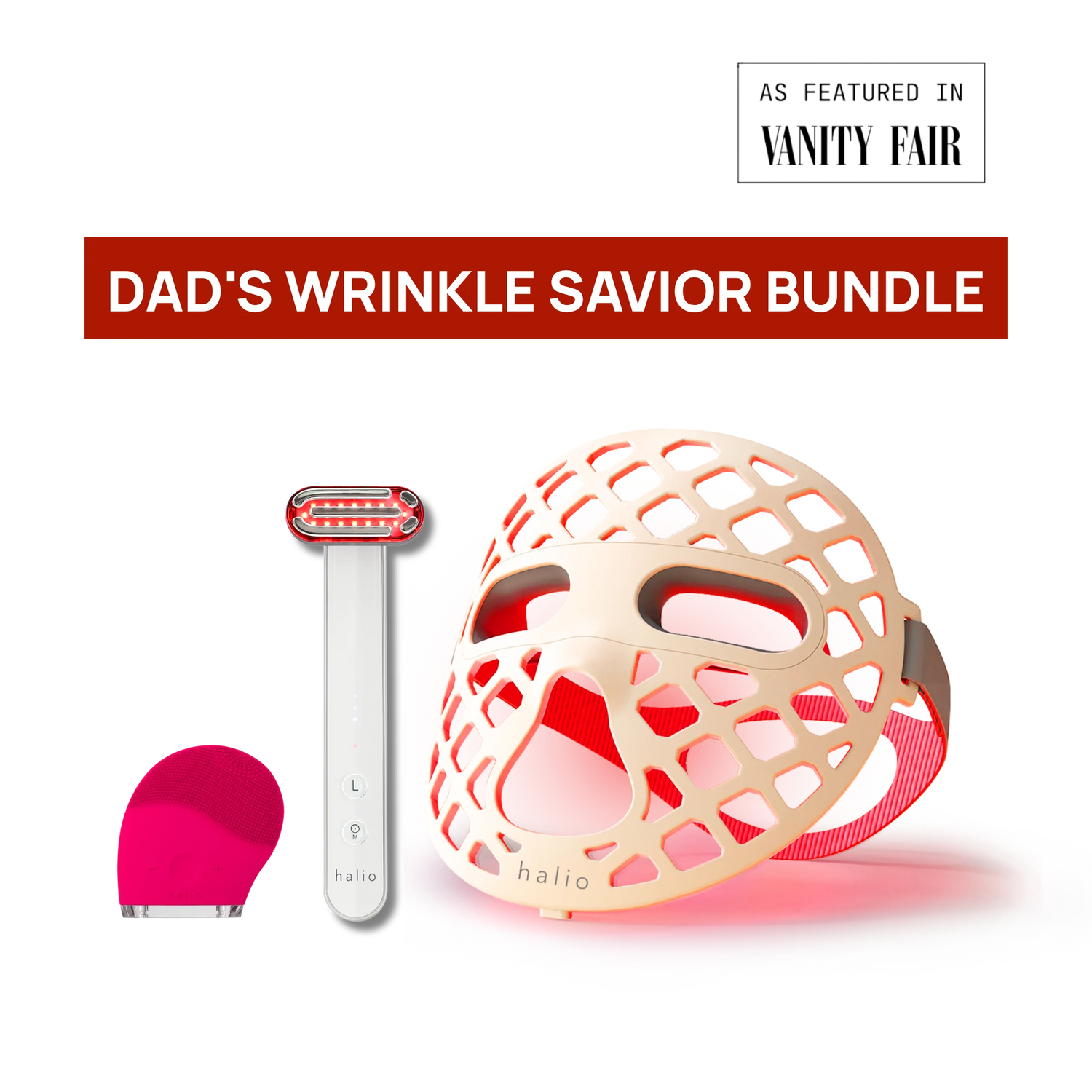 Product bundle labeled 'Dad's Wrinkle Savior Bundle' featuring a razor, mask, and pink item on a white background.