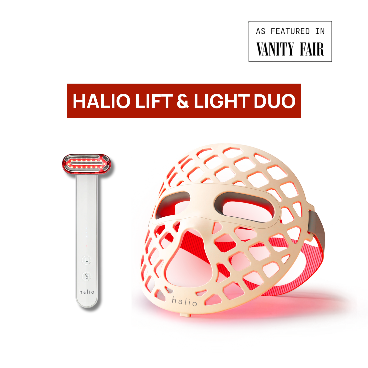 HALIO Lift & Light Duo product on a white background with 'Vanity Fair' mention.
