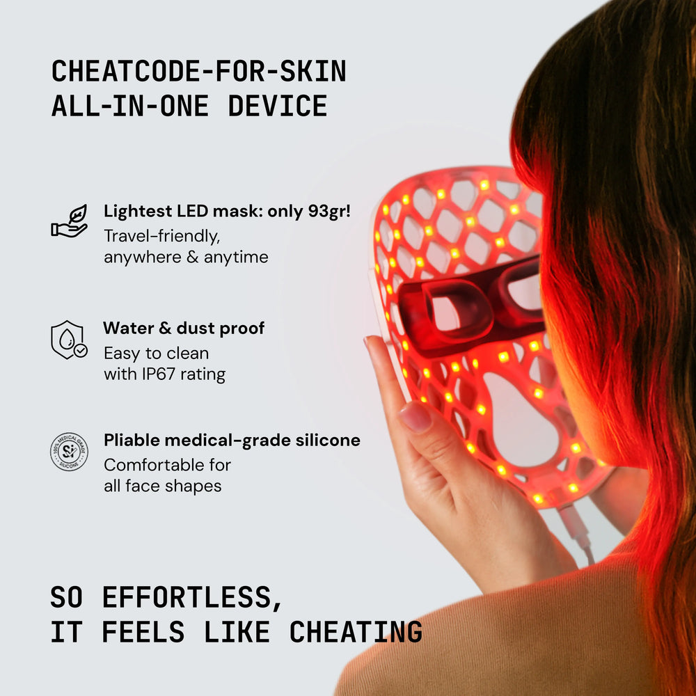 LED mask with text highlighting features and benefits on a light gray background