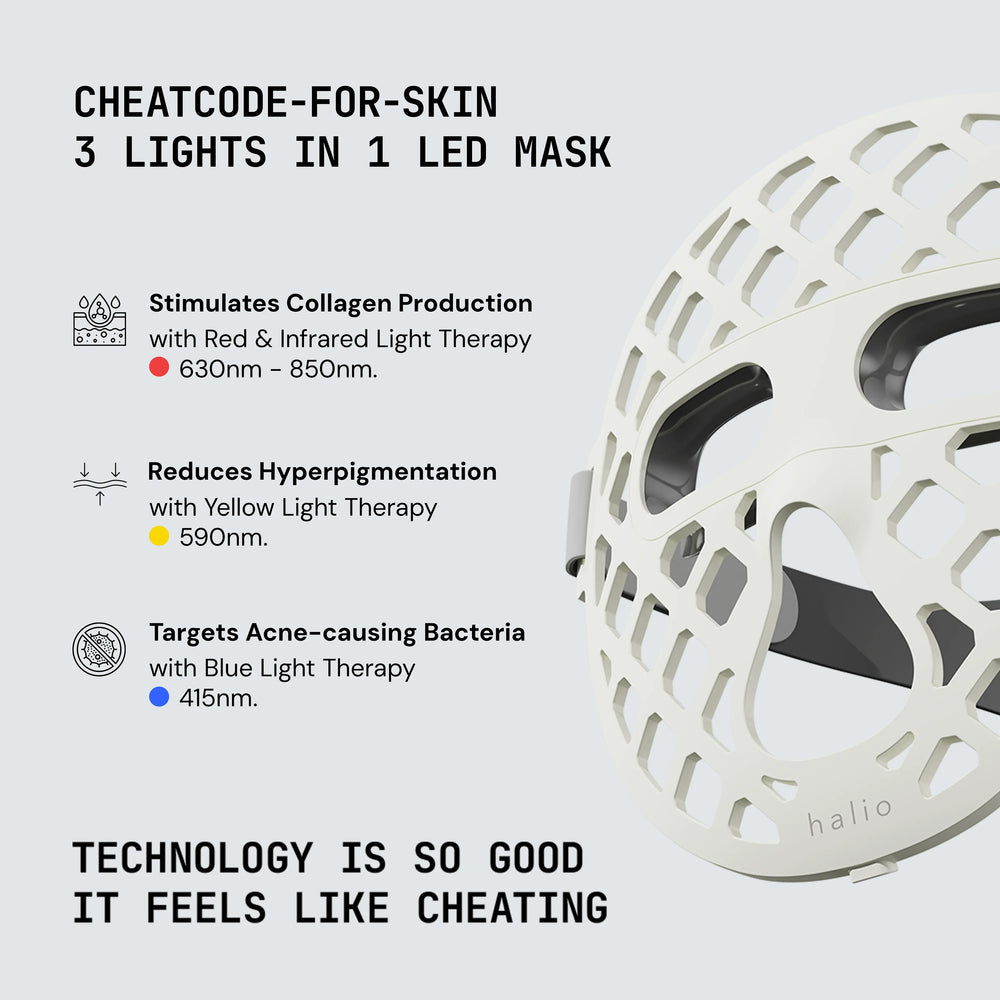 LED mask with text explaining light therapy benefits on a light gray background