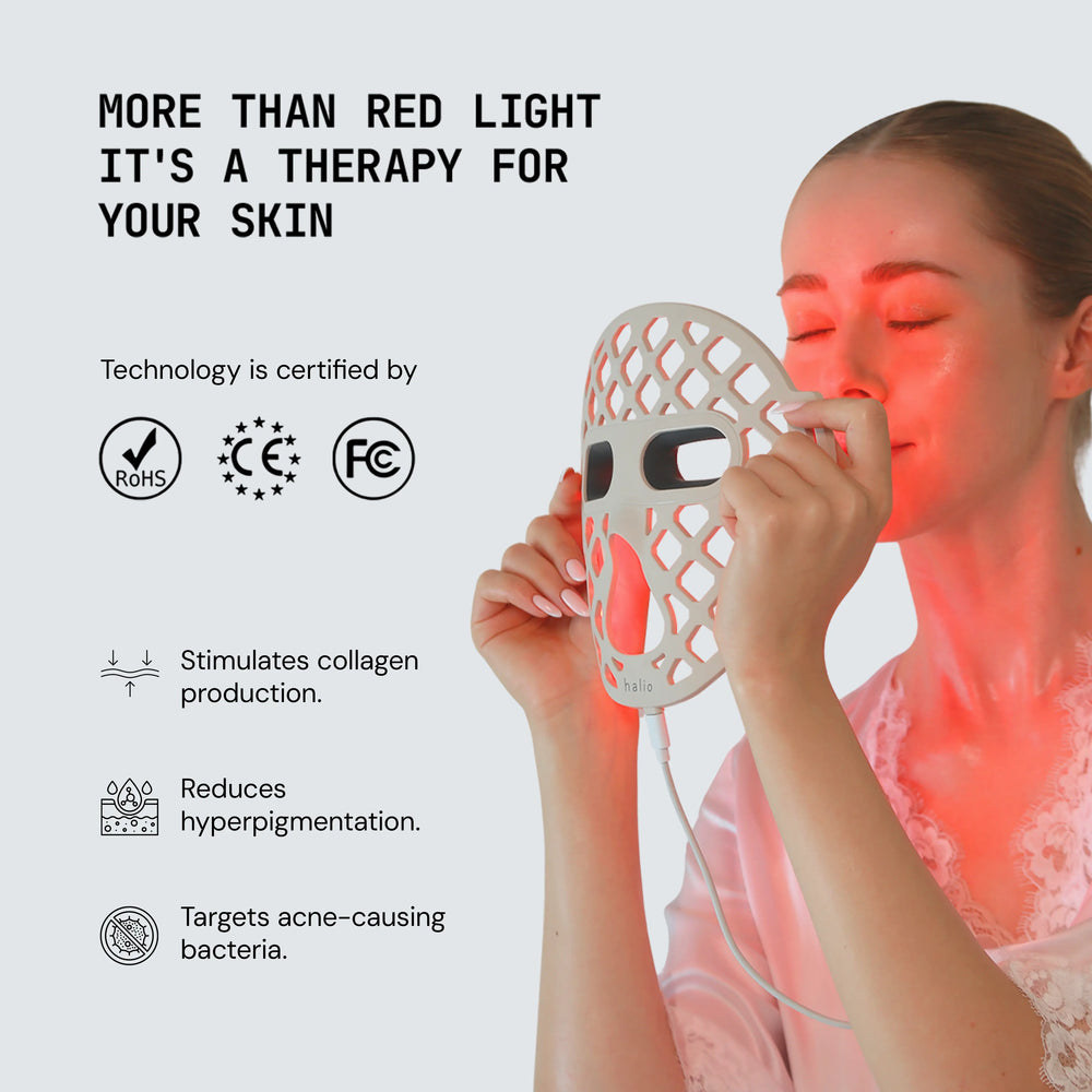 Woman using a red light therapy device on her face with certification logos and benefits listed.