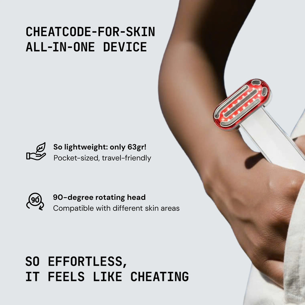 All-in-one skin care device held by a person with text highlighting features on a light gray background