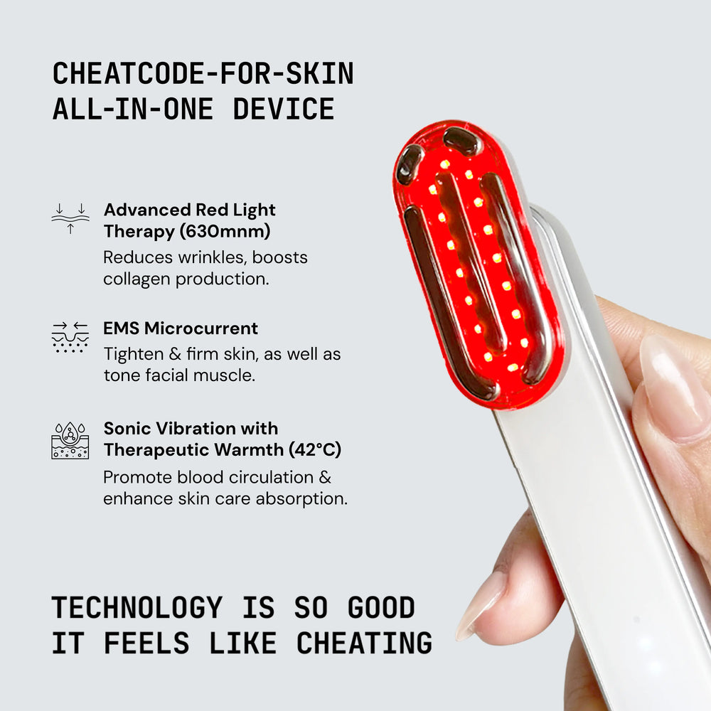All-in-one skin care device with red light therapy, EMS microcurrent, and sonic vibration on a gray background.