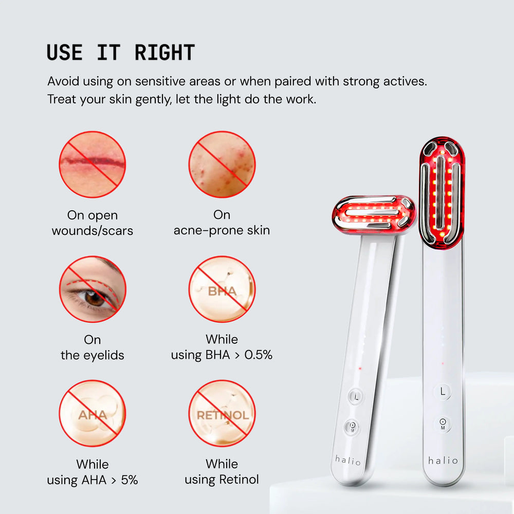 Skin care device with usage guidelines on a light gray background