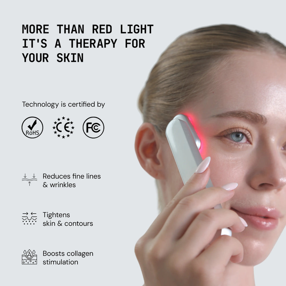 Woman using a skin therapy device with text about its benefits on a light gray background