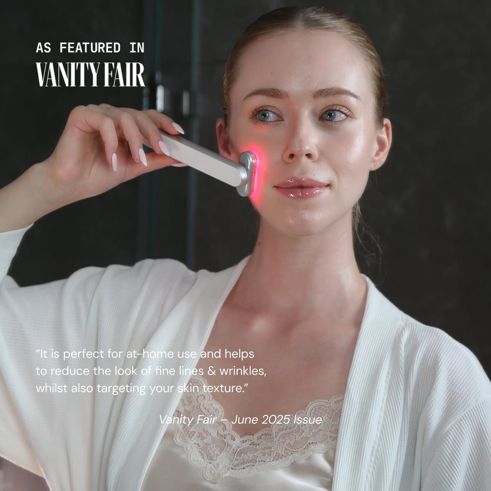 Woman using a skincare device with text about its benefits and Vanity Fair mention.