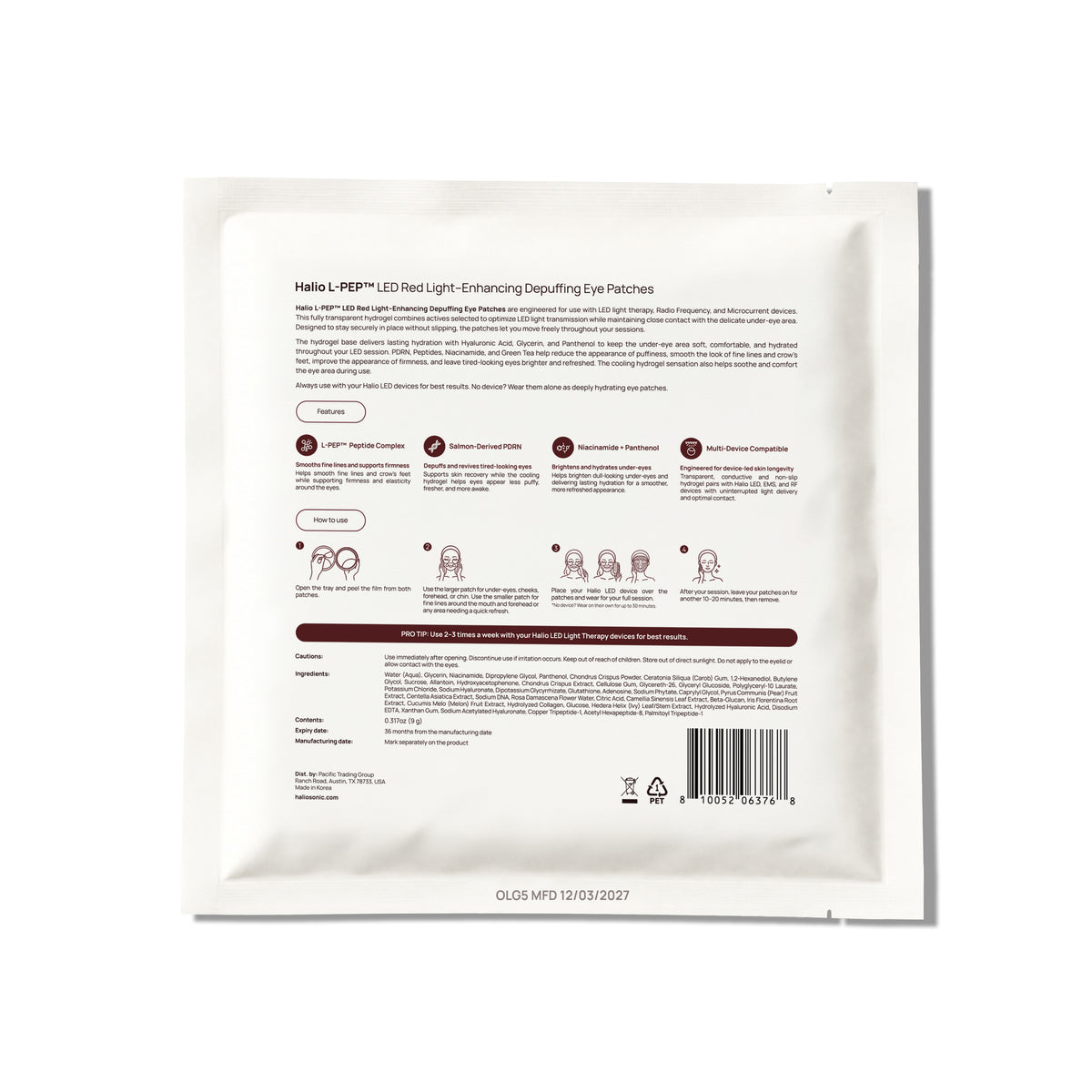 Back of Halio L-PEP™ LED Red Light–Enhancing Depuffing Eye Patches 5-pack box with instructions and barcode