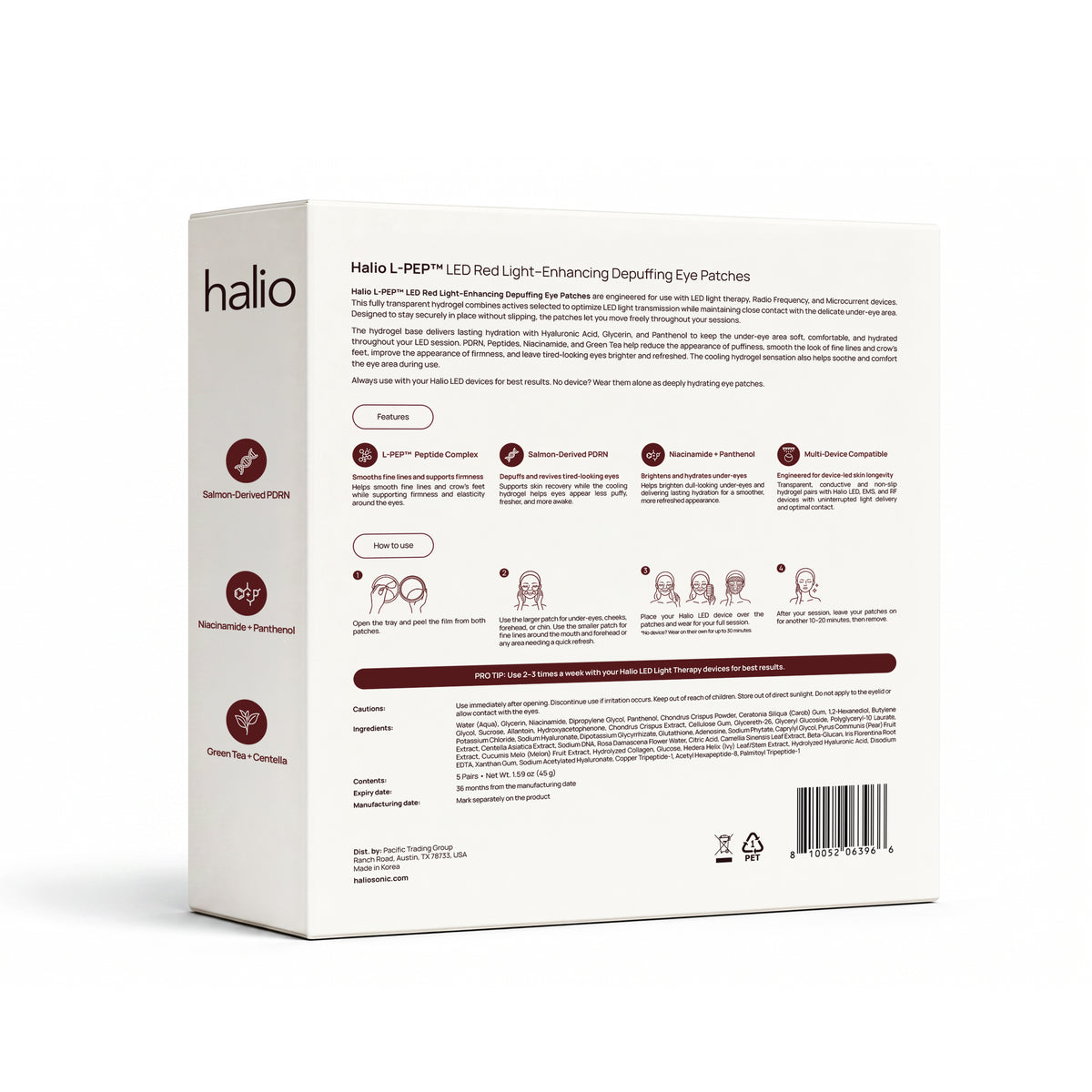 Halio L-PEP LED Red Light–Enhancing Depuffing Eye Patches 5-pack box, back packaging with instructions and barcode