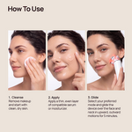 How To Use guide showing cleanse, apply serum, and glide a Halio facial device across the skin.