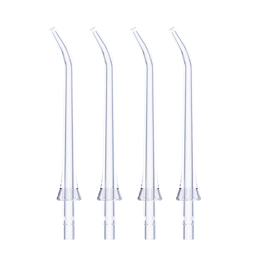 Four clear curved replacement jet tips for the Halio UltraClean Express Hydro Floss water flosser.