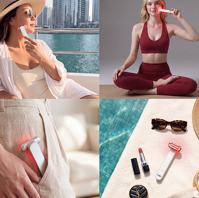 The Complete Longevity Set by Halio Sonic, shown in lifestyle scenes with a handheld skincare device and accessories.