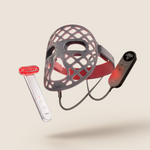 Halio Lift & Light Duo Pro with silicone LED face mask, handheld red light therapy device, and wired controller.