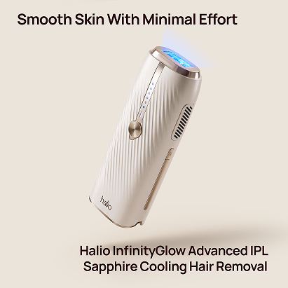 Halio InfinityGlow Advanced IPL Sapphire Cooling Hair Removal device with blue light and text “Smooth Skin With Minimal Effort”