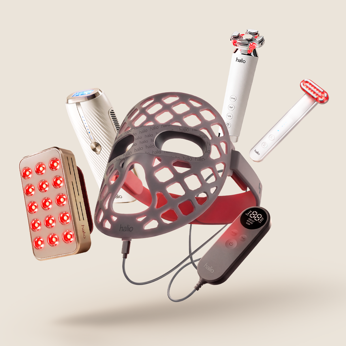Halio Complete Longevity Set with LED face mask and assorted facial skincare devices hovering together