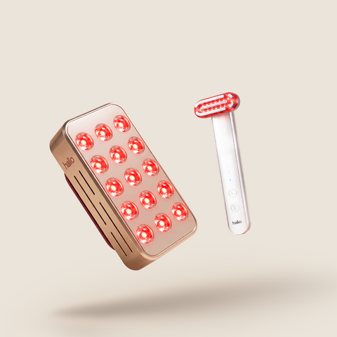 Halio Head-to-Toe Light Duo with a red light therapy panel and handheld facial device floating against a beige background