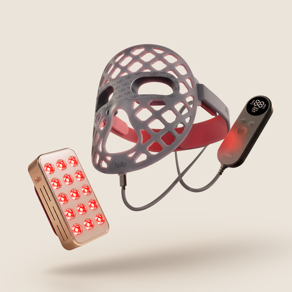 Halio Face & Body Longevity Duo with a silicone LED face mask, red light panel, and connected controller.