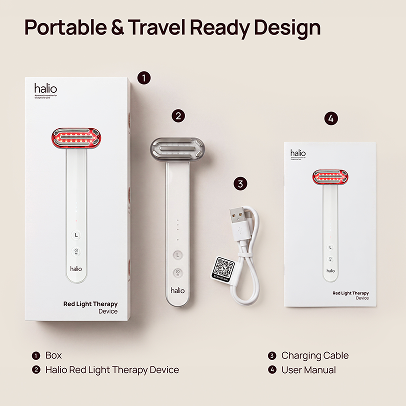 Lift & Light Duo Pro by Halio: portable red light therapy device, boxes, charging cable, and user manual; “Portable & Travel Ready Design” banner.