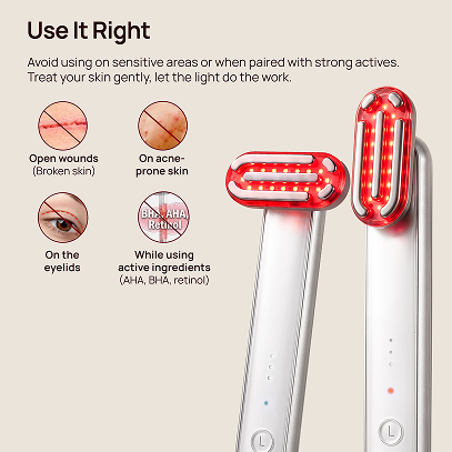 Halio Lift & Light Duo Pro devices with “Use It Right” guidance: avoid sensitive areas, open wounds, acne-prone skin, and active ingredients.