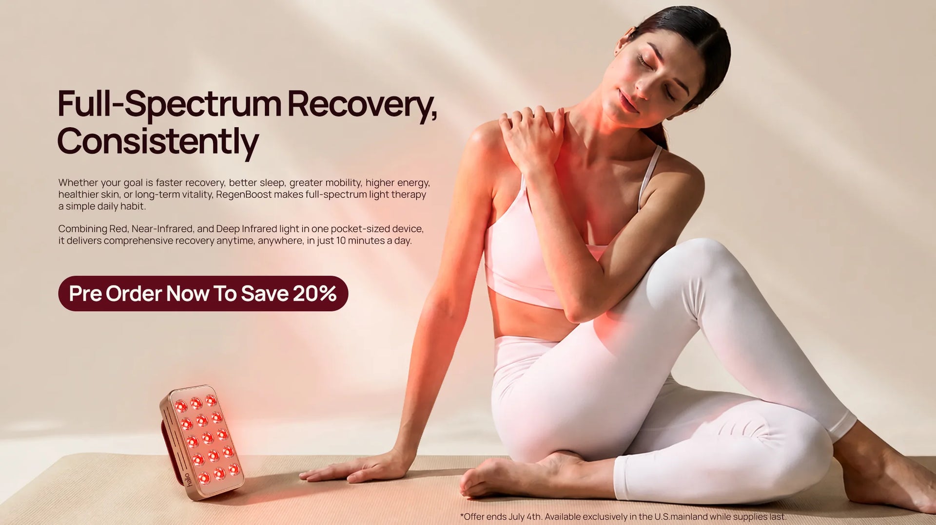 Halio RegenBoost Red Light Panel — full-body red light recovery (desktop banner)