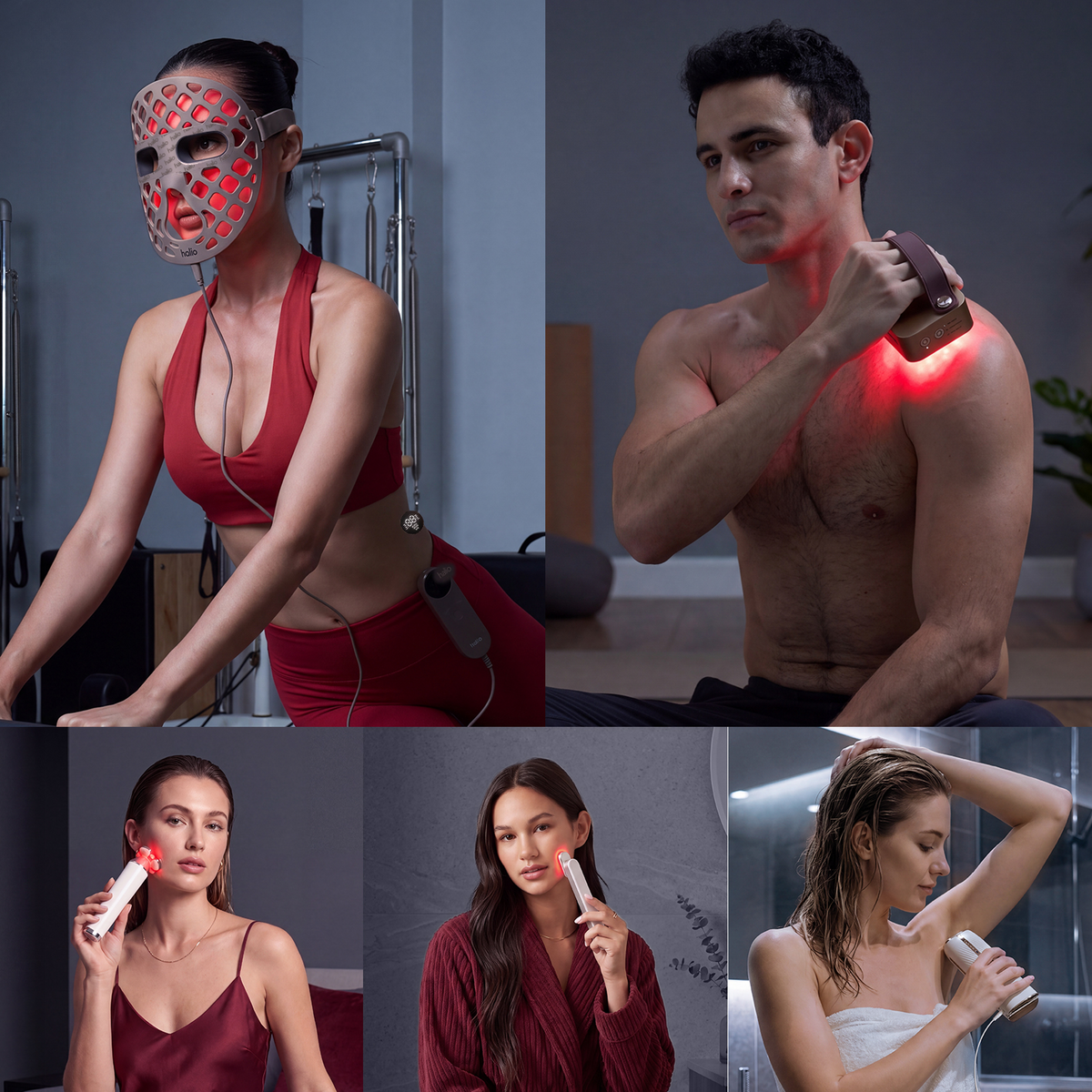 Halio Complete Longevity Set collage showing people using LED mask, red light therapy, and handheld skin rejuvenation devices