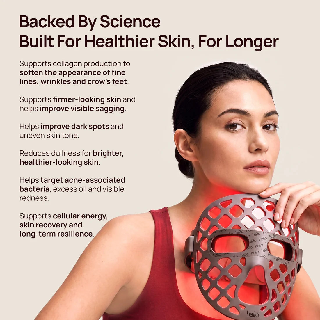 Woman wearing a glowing red Halio LED face mask beside text: “Backed By Science Built For Healthier Skin, For Longer”
