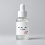 White dropper bottle labeled “HYDRATING SERUM” with a red “TEST” stamp.