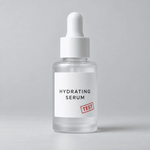 White dropper bottle labeled “HYDRATING SERUM” with a red “TEST” stamp.